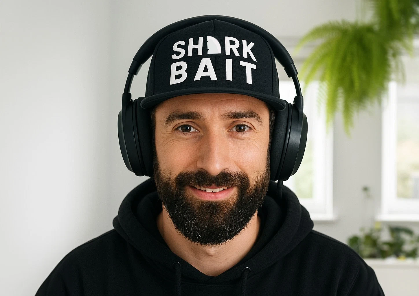 Barry Hayes of Shark Bait Socials wearing a black hoodie, large headphones, and a black baseball cap that says 'SHARK BAIT' with a shark fin graphic.